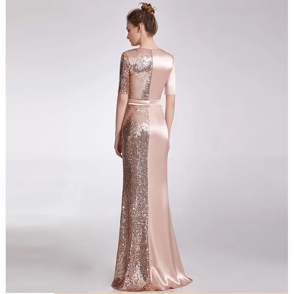 Pink Satin Sequin Mermaid V-neck Evening Dress 2023 New Elegant Luxury Unique Design Formal Evening Dress