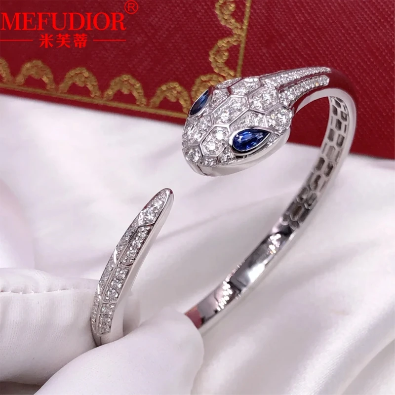 

925 Sterling Silver Snake Bracelet Full Diamond Moissanite Blue Eye Serpent Head Women and Men Fashion Bangle Party Jewelry Gift