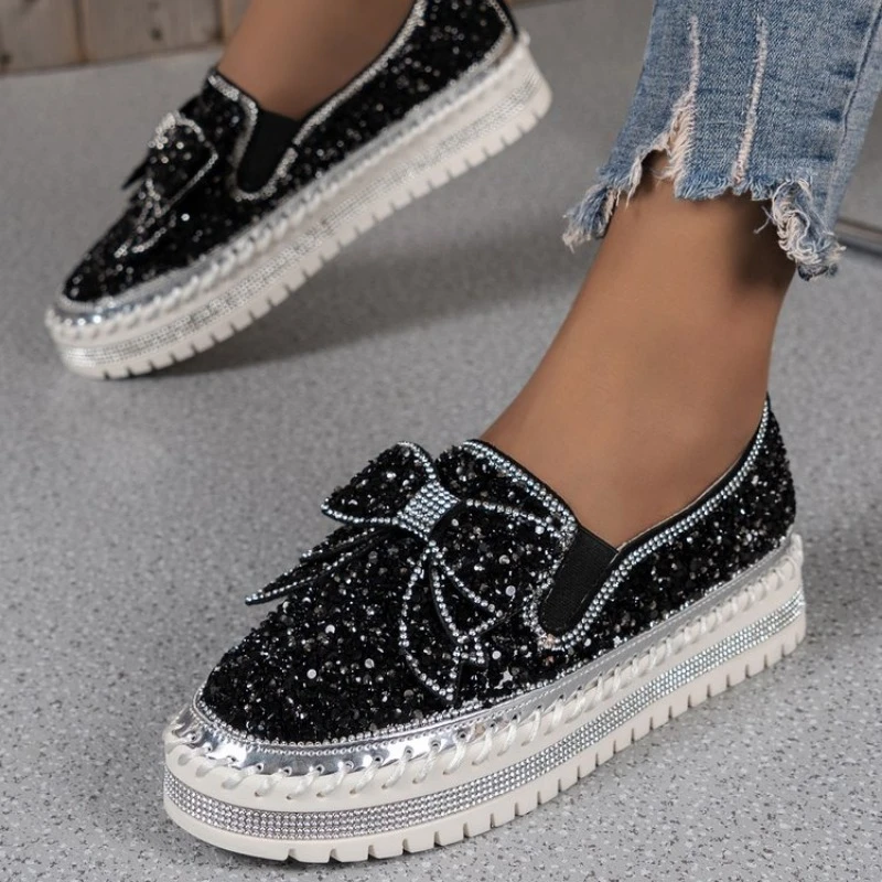 Women Crystal Shoes 2023 spring Fashion Bing Lace Up Ladies Casual Shoes Comfortable Round Toe Platform Sneakers white shoes