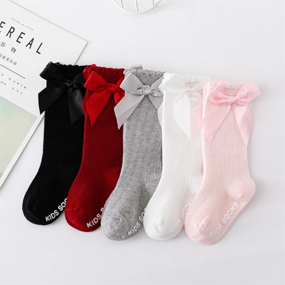 Chaussettes en maille avec gros nœud papillon pour nouveau-né fille, bas de couleur pure, chaussettes hautes au genou, article pour tout-petits