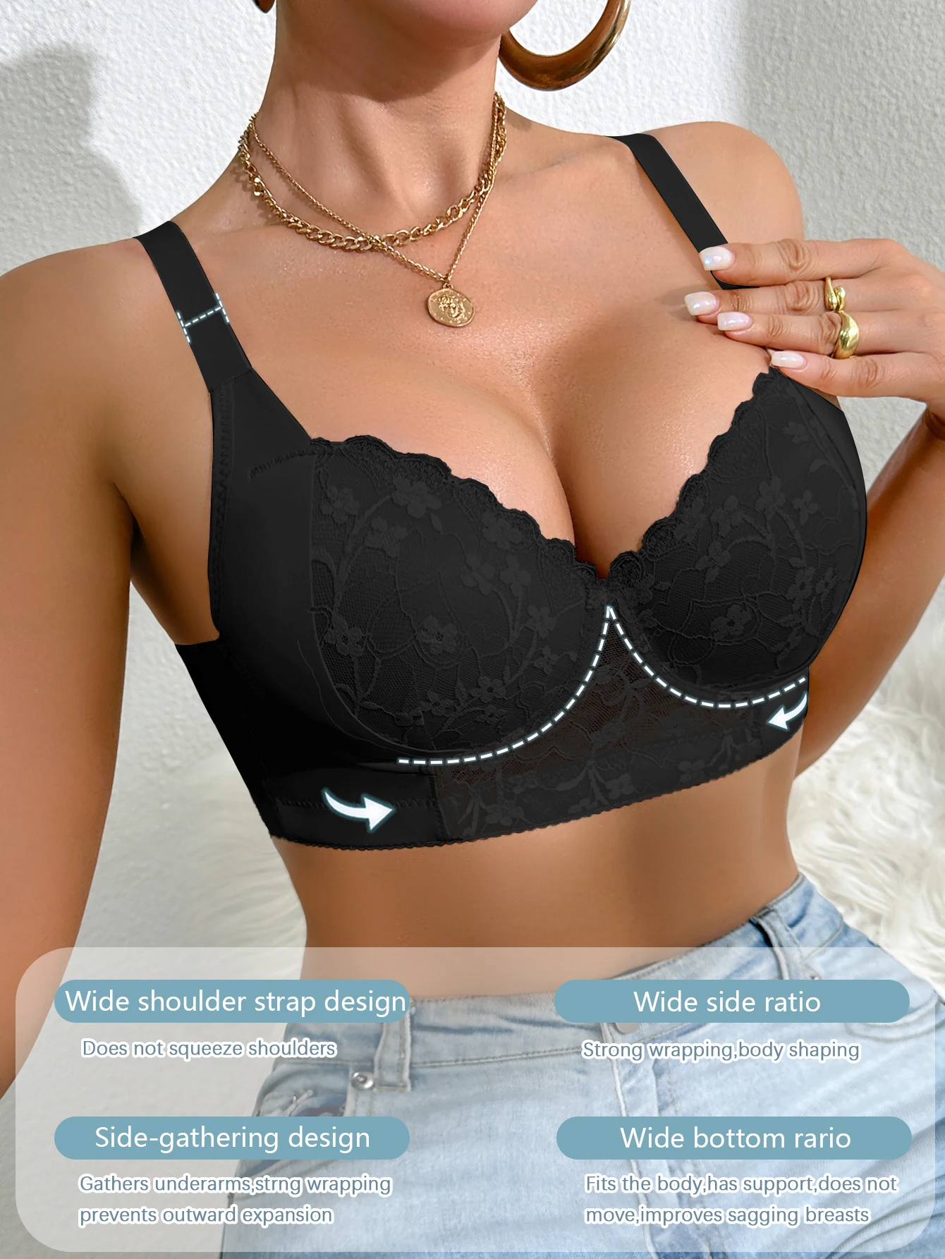 Blumenmuster Damen-BH mit Spitze, A B C D Cup, Bügel-BH, Push-Up-BH, seitliche Unterstützung, Anti-Sagging-Lingerie, atmungsaktiv, bequemer BH – Detail 5