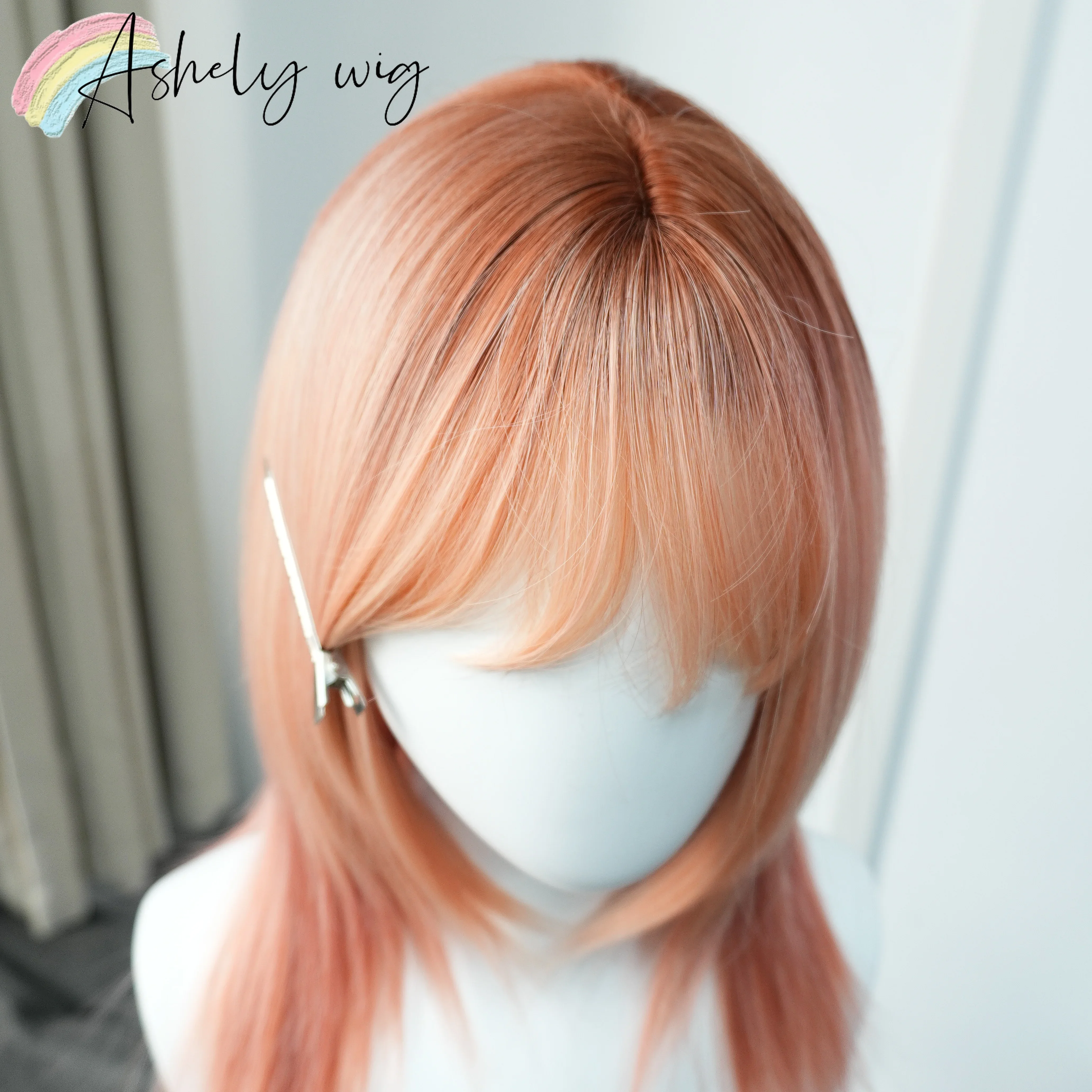Soft Peach Pink Wigs Medium Length Wig with Bangs French Airy Fringe Layered Wolf Cut Shag Synthetic Cosplay Wig Real Scalp - view 2