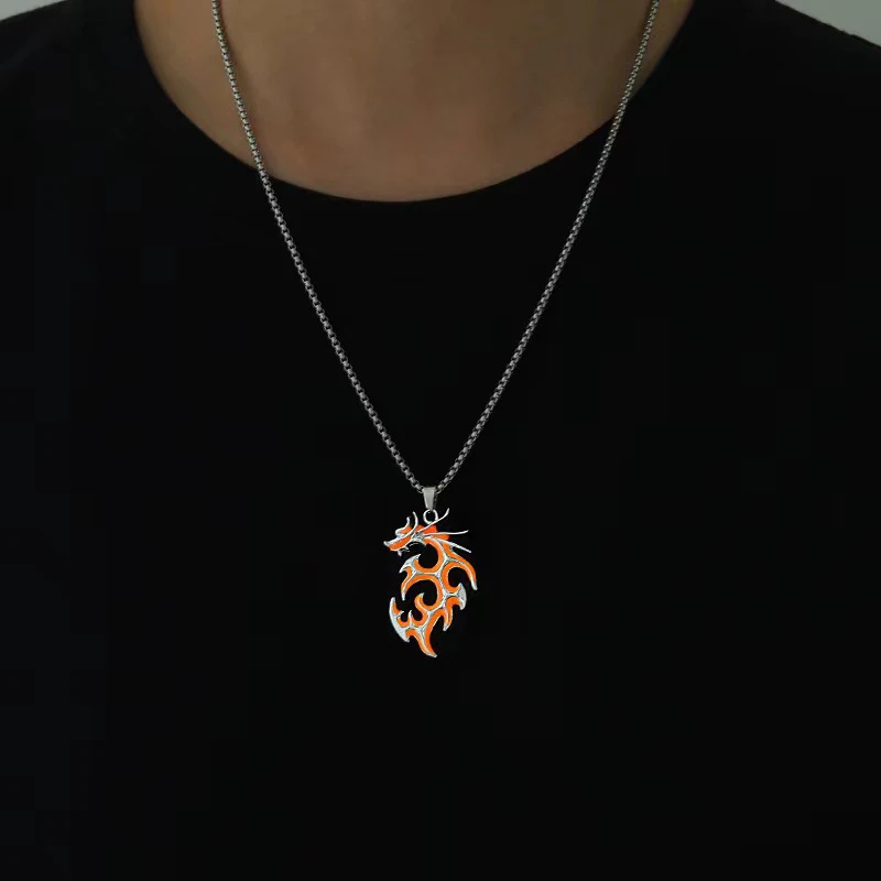 New Fashion Male Domineering Glow-in-the-dark Flame Dragon Necklace Jewellery Long Necklace Short Sleeve Necklace