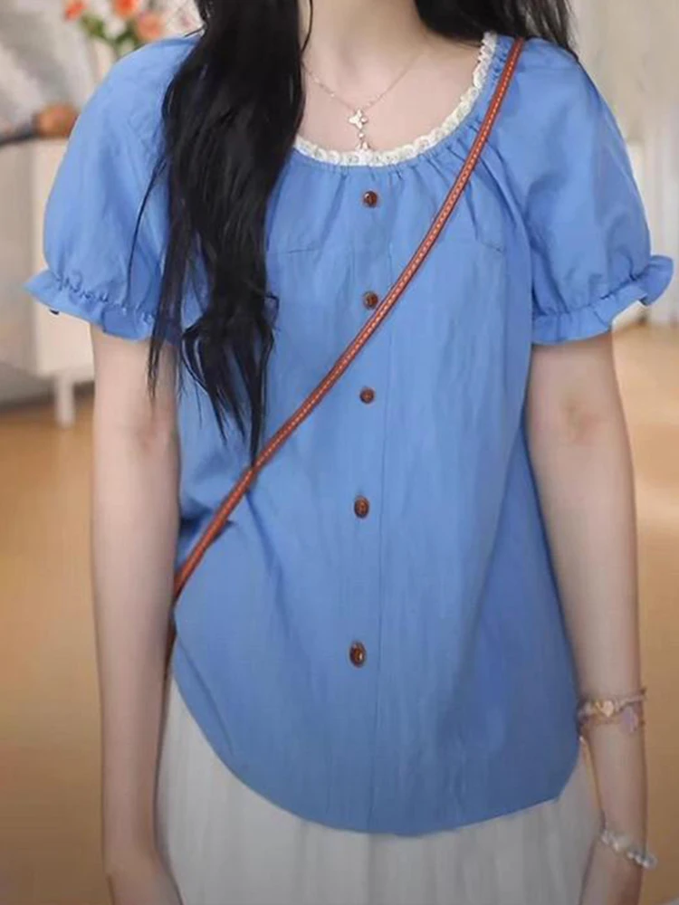 

Retro Color Blo round Ne ort Sve Women's irt Loose Fit Slimming Korean Sle Top for Summer New Arrival