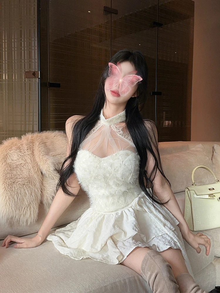 REDDACHiC Sequined Furry Top Skirt Matching Set Hollow Lace Halter Sleeveless Vest Bow Mini Cake Skirt Cute Lolita Women Clothes