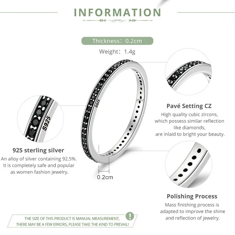Women's 925 Sterling Silver Paved CZ Stackable Black Ring