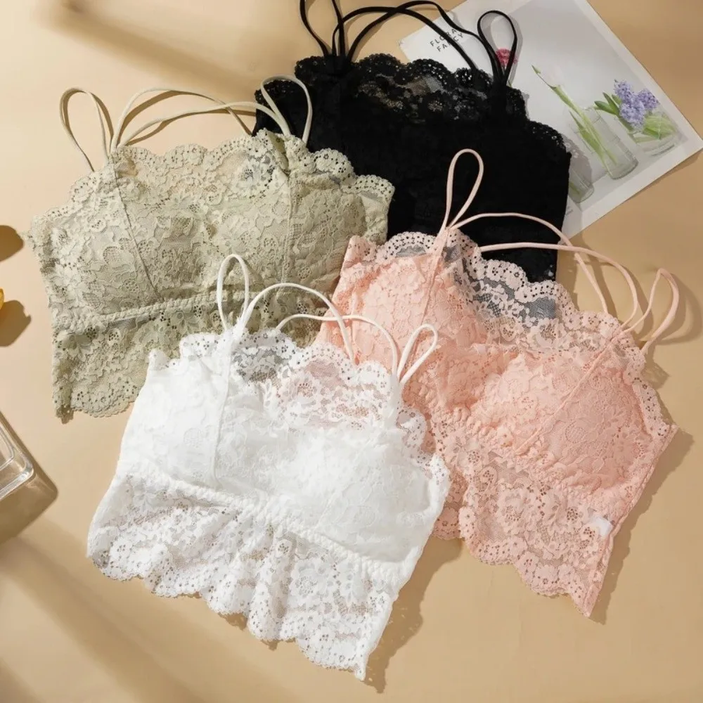 Sexy Hollow Out Lace Crop Tops Slim Solid Color Bras Breathable Detachable Chest Pad Beauty Back Tanks for Women