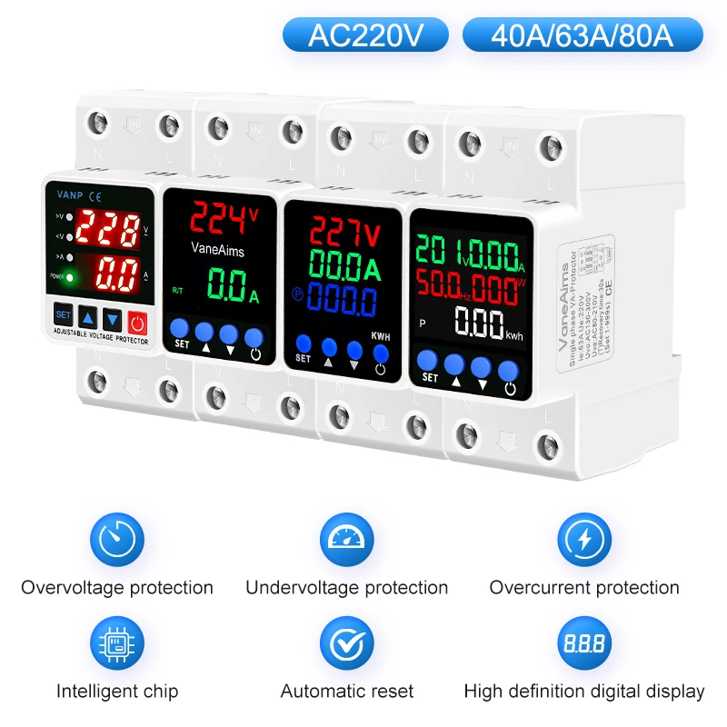

VaneAims Voltage Relay 220v 40A 63A 80A Over Current Protector Din Rail Adjustable Over Voltage Under Voltage Protection Relay