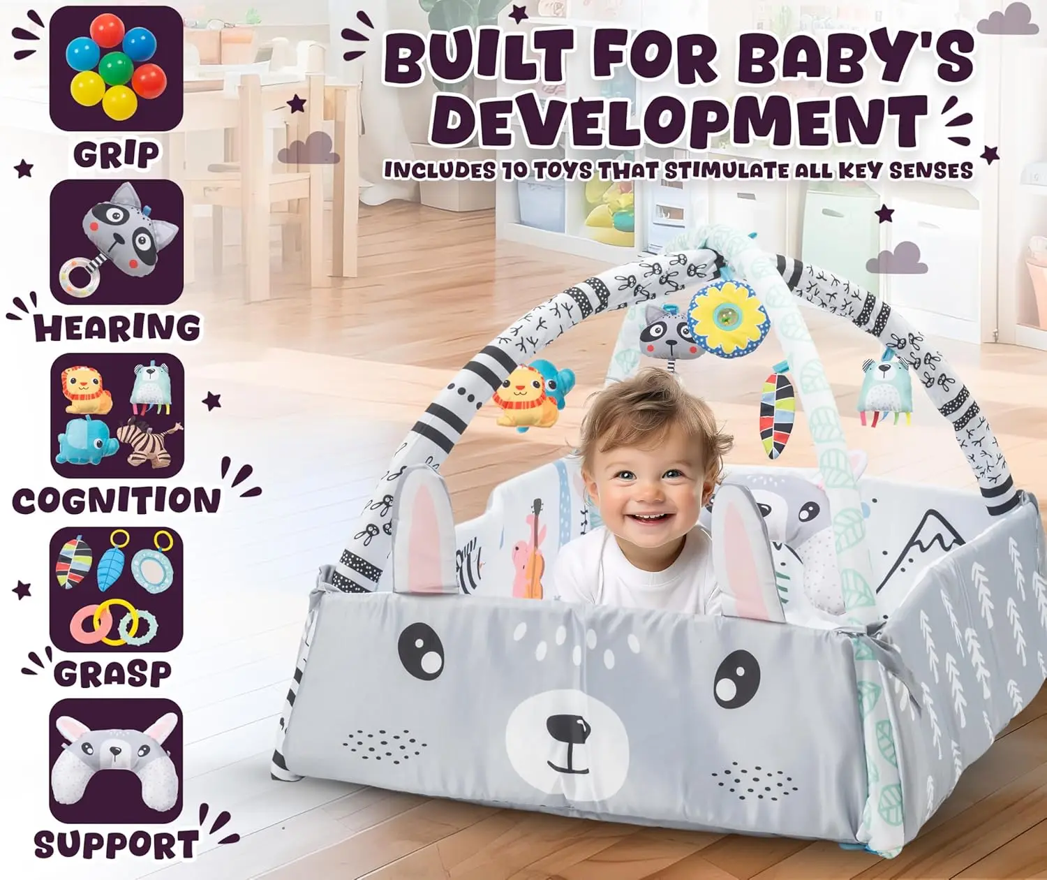 

4 in 1 Tummy Time Mat Washable Baby Play Mat with Extra Toys Educational Fitness Frame for Newborn 0-36 Months Carpet Activities