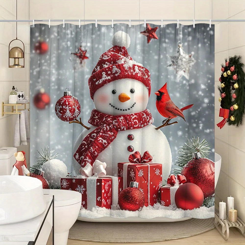 Extra Large Christmas Shower Curtain - Snowman with Red Hat & Cardinal Bird, Winter Bathroom Decor with Gift Boxes