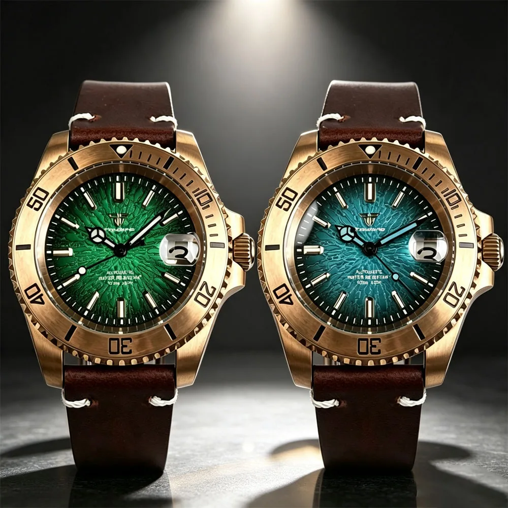 Tandorio 40mm Retro Diving Watch Solid Bronze 20ATM Sapphire Glass Lume Automatic Japan NH35 PT5000 Men's Mechanical Watch Date