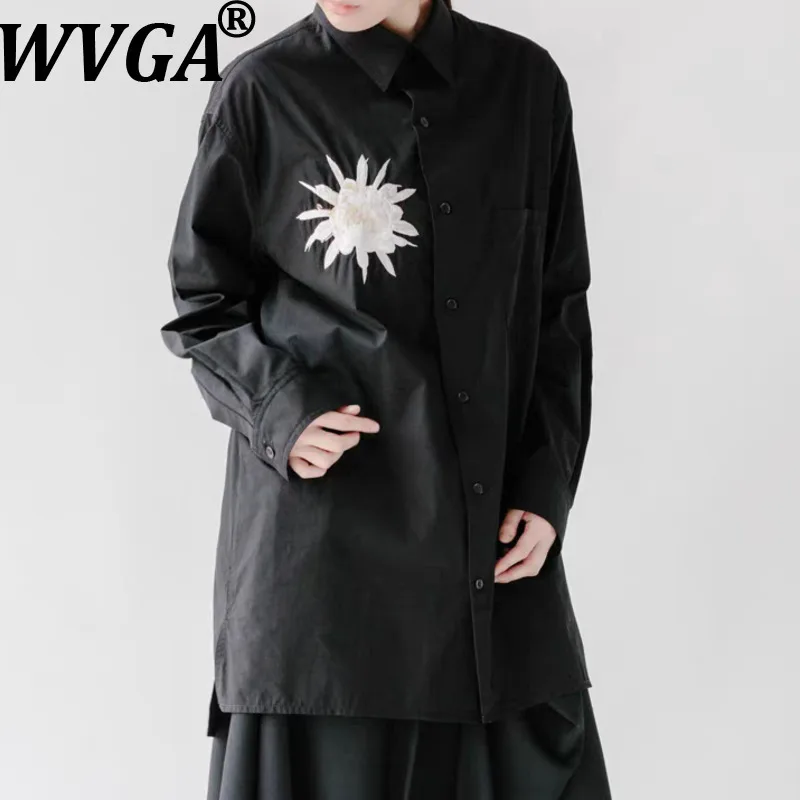 

WVGA Spring Autumn New Men Tide Dark Style Epiphyllum Embroidery Trendy Long Shirt Niche Chic Casual Turn-Down Collar Top W19670