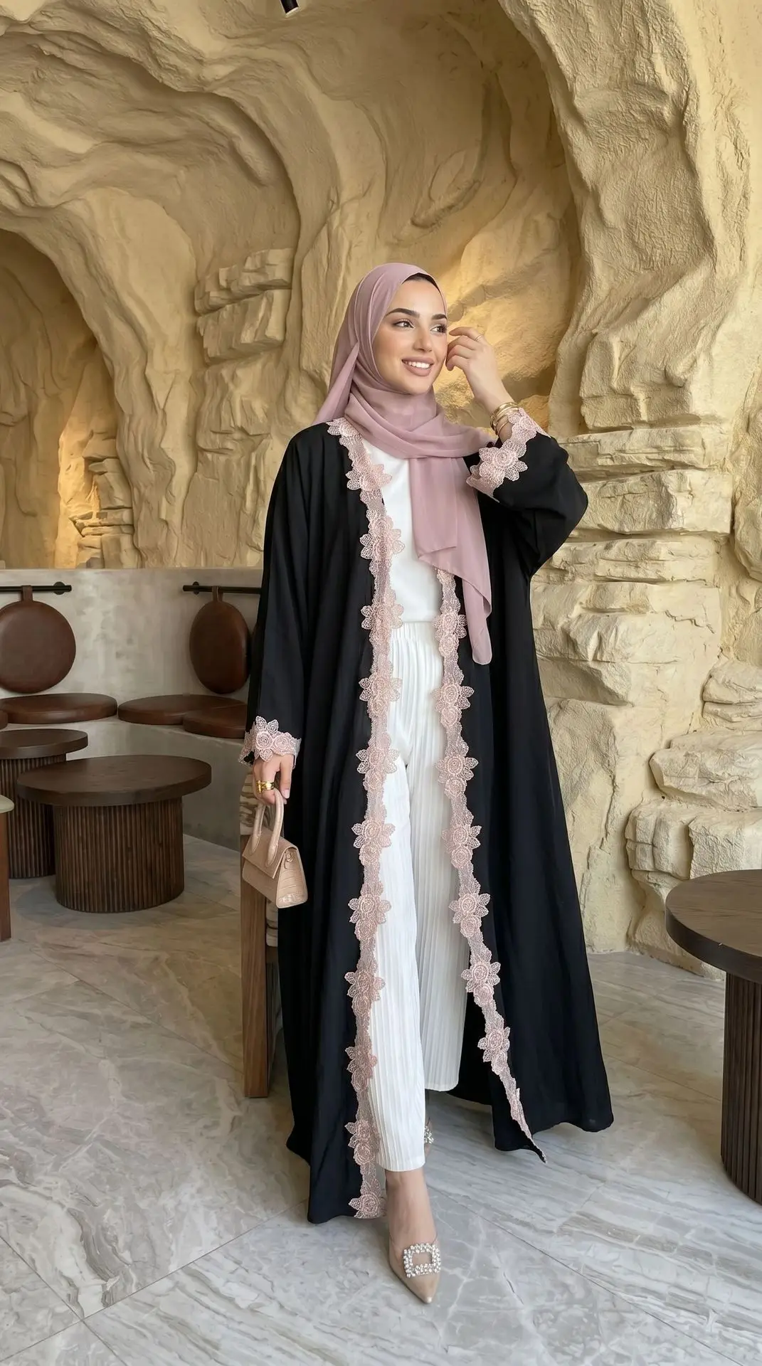 Women Flower Lace Open Abaya Dubai Turkey Kaftan Muslim Dress Eid Jalabiya Islam Robe Ramadan Kimono Cardigan Kebaya Abaya 3