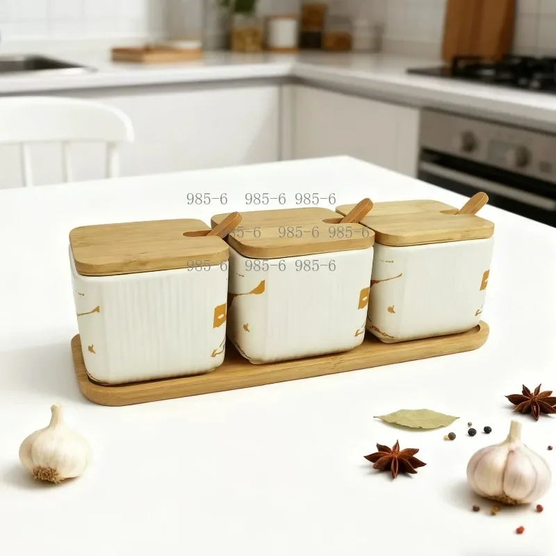 White Ceramic Spice Jar Set, Nordic Minimalist Kitchen Storage Containers with Bamboo Lids