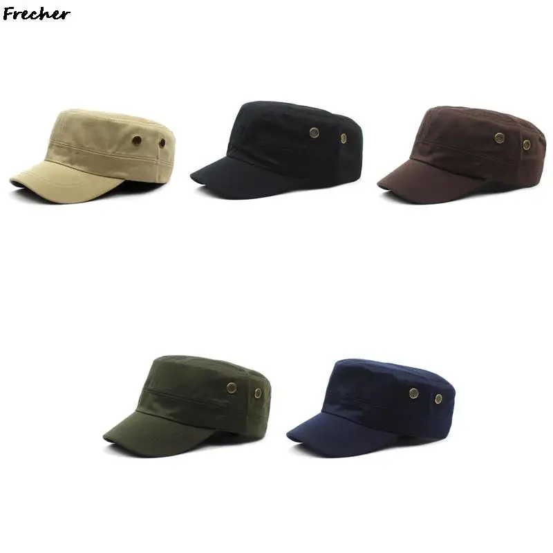 Metal Button Military Hats Summer Autumn Casual Cadet Hat Washed Cotton Flat Top Caps Retro Army Cap Men Outdoor Casquette Visor