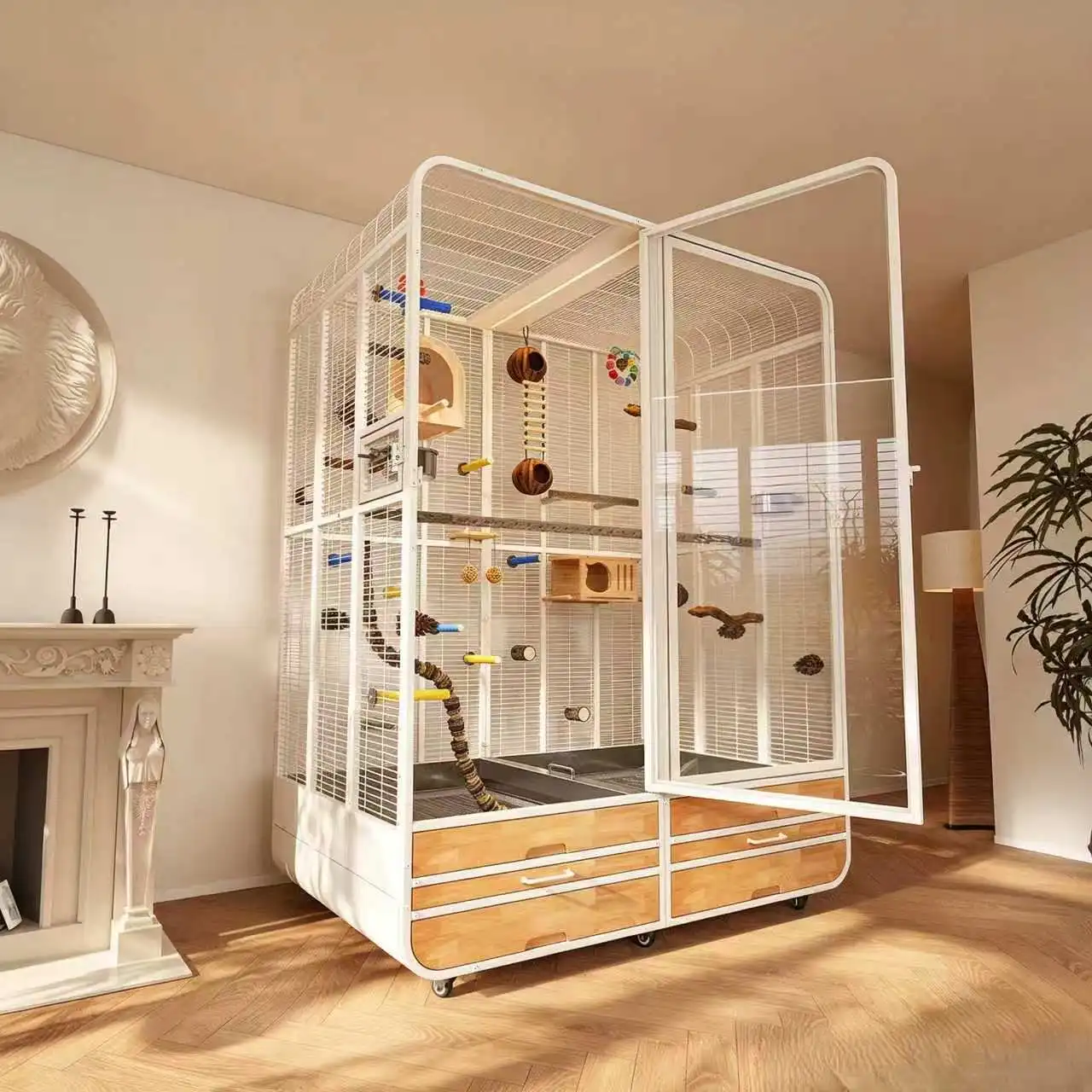 Heavy Duty Luxury Extra Large 2m Bird Cage with Panoramic Double Tempered Glass Door Eco-Friendly Carrier for Parrots