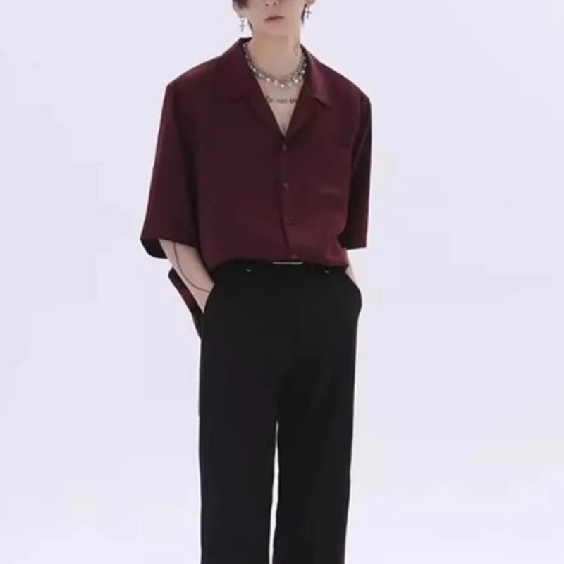 

Mens Burgundy Oversized Short Sleeve Shirt Cuban Collar Loose Fit Casual Button Down Top