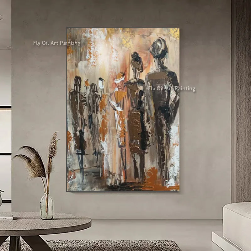 Handmade Blue And Grey People Walking Canvas Oil Painting For Room Decor Special Design Artwork Brown People Shadow Wall Art