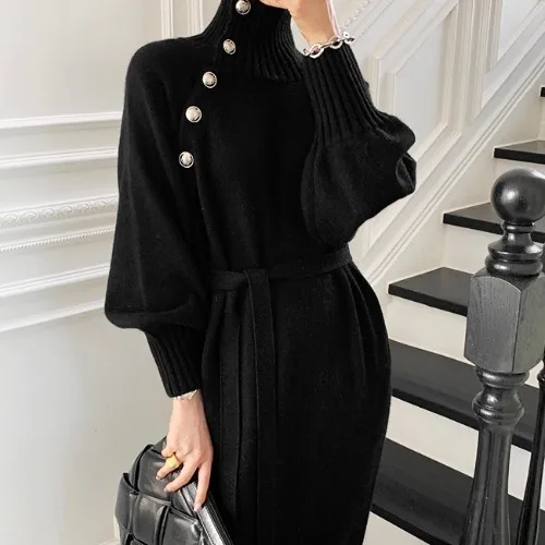 Japanese and Korean Lace Up Waist Cinching Knitted Dress New Loose and Slimming Versatile High Neck Long Sweater for Women