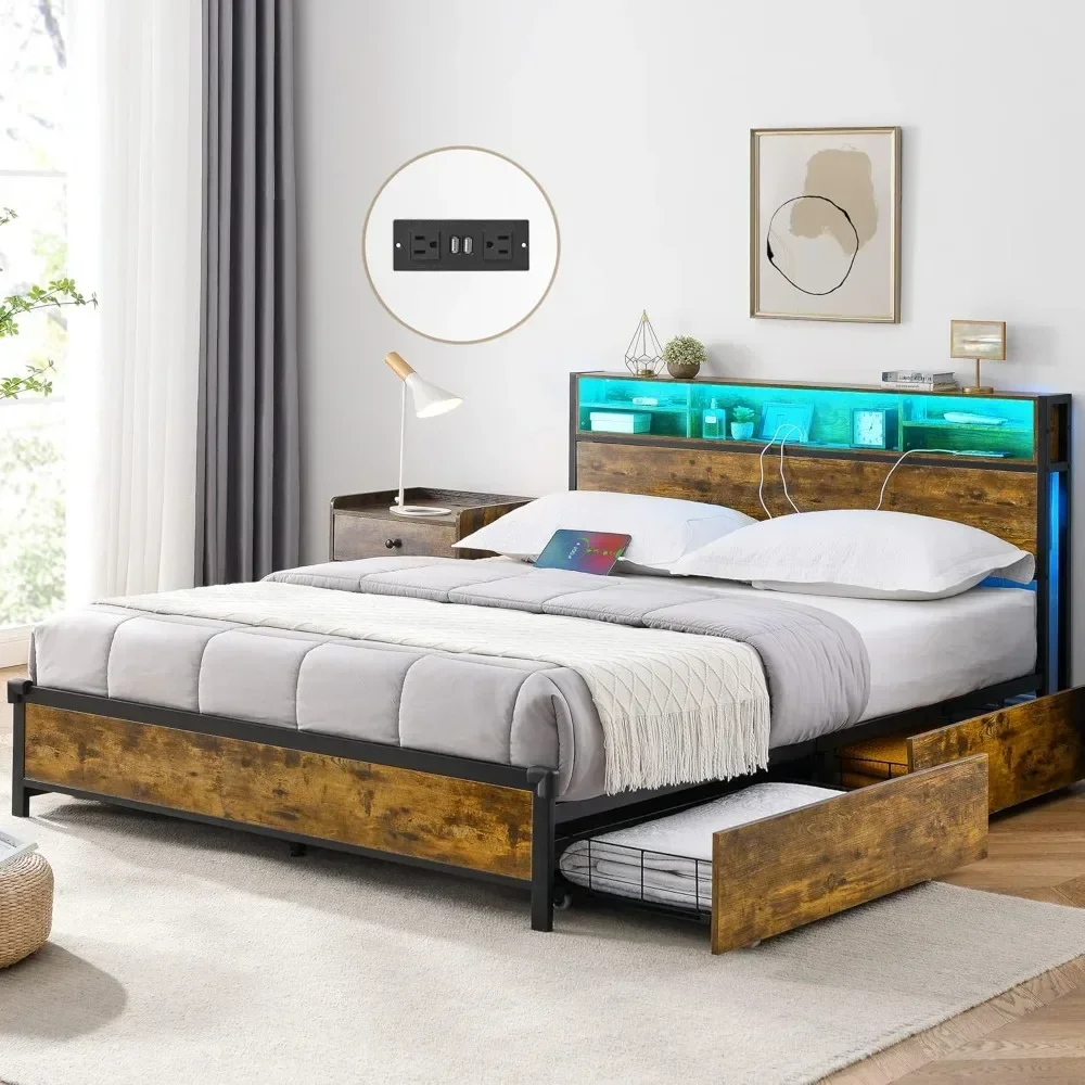 Bed Frame with 4 Storage Drawers and Bookcase Headboard, LED Bed Frame with Outlets and USB Ports, Metal Platform Bed