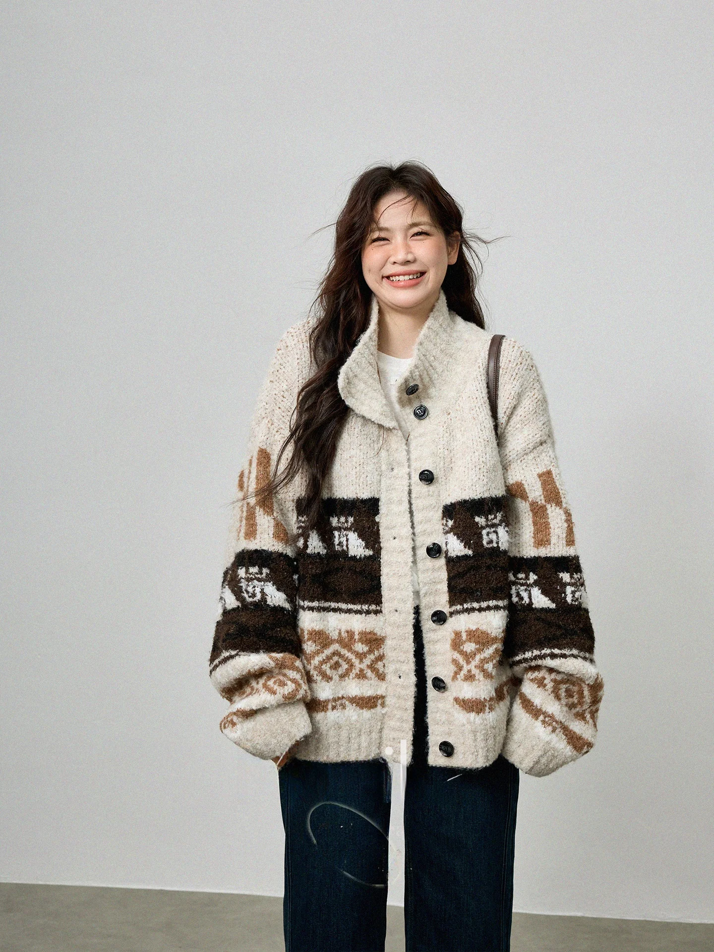 

Вязаный открытый кардиган больших размеров Long Sve с высоким воротником, свободный крой, осень-зима, новый Sle Retro Beau для женщин больших размеров