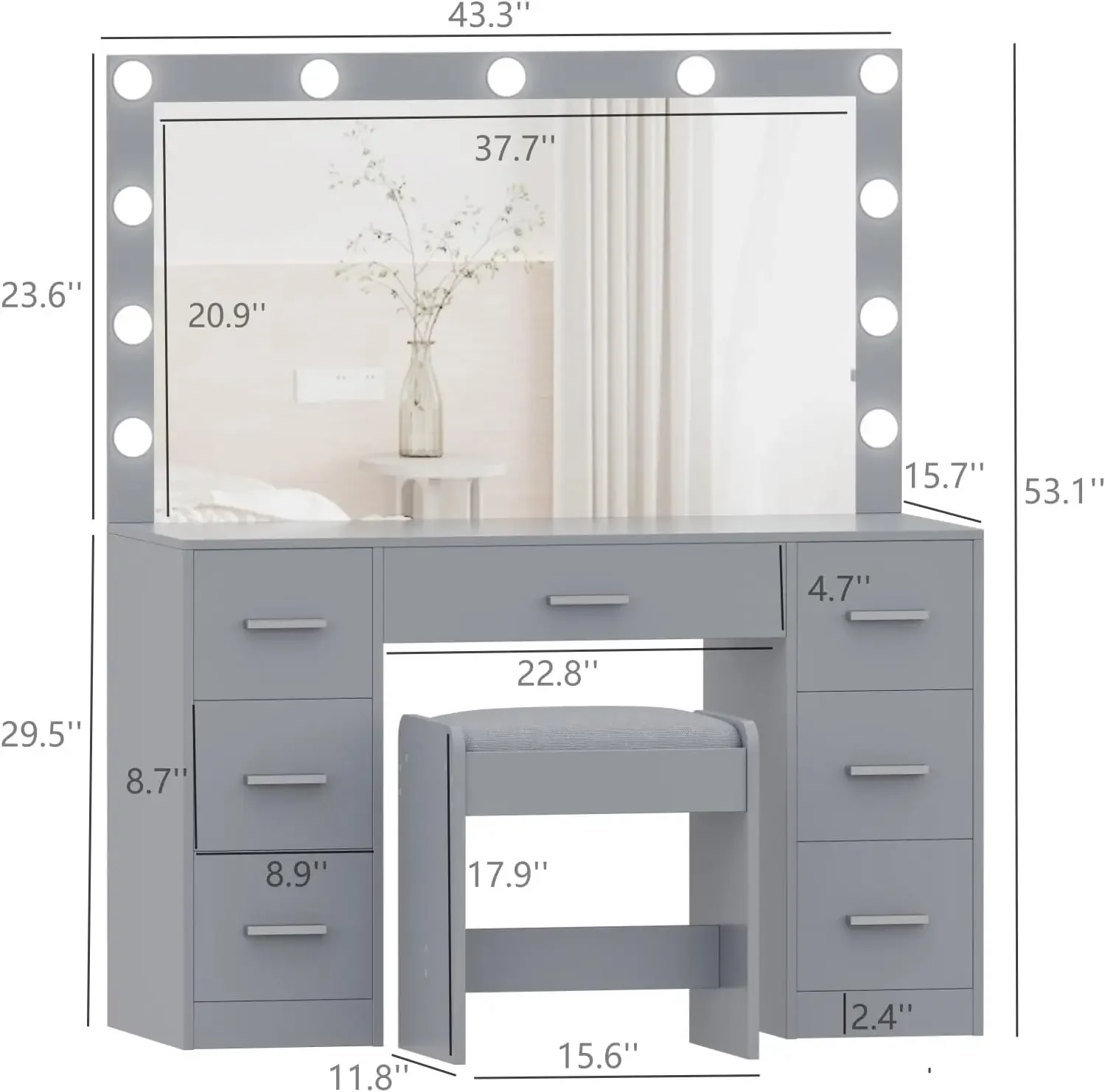 2024 NEW Vanity Desk with Stool, Makeup Table with Lighted Mirror, 3 Color Lighting Modes, Brightness Adjustable, Dressing Table