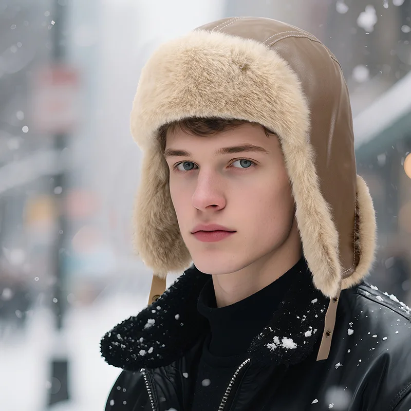 Unisex Winter Thickened Fleece Warm Pilot Pu Leather Ear Guard Cap Outdoor Cold Protection