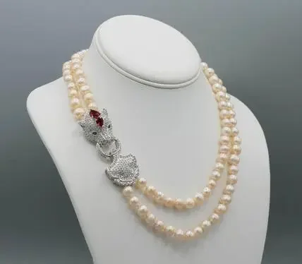 

Hand-made micro inlaid zircon leopard head accessories 8-9mm pink freshwater pearl necklace 43-47cm long