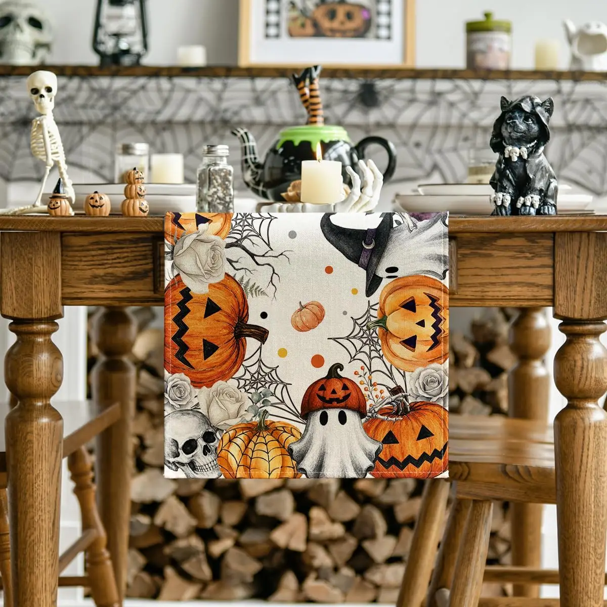 Halloween Pumpkins Ghosts Flowers Linen Table Runner Home Decor Washable Skull Bat Kitchen Dining Table Runners Halloween Decor