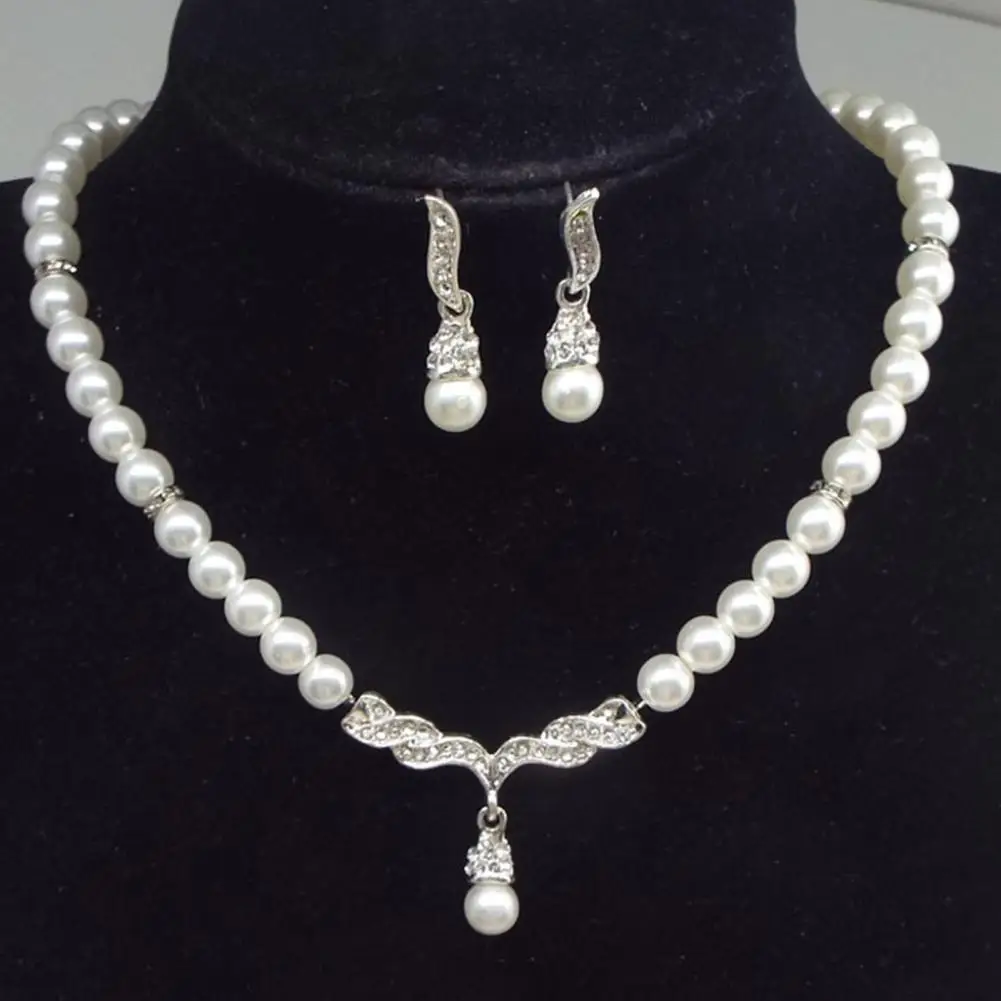 Necklace Earrings Women Jewelry Set Faux Pearl Bridal Wedding Alloy Party Studs Necklace Earrings Set Gifts