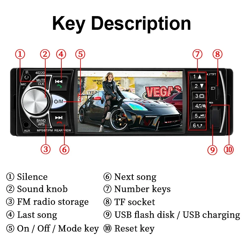 HIPPCRON 1DIN Autoradio Stereo 4,1 Zoll MP5 Bluetooth 5.0 FM USB-Player mit Unterstützung für Rückfahrkamera und Lenkradsteuerung ohne Touchfunktion – Detail 8