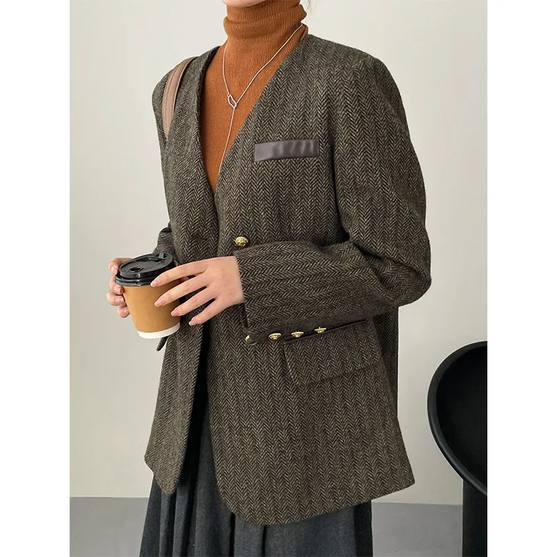 High-end visgraatpatroon blazer dameskleding herfst/winter V-hals Koreaanse mode commuter losse wollen jasje dames top