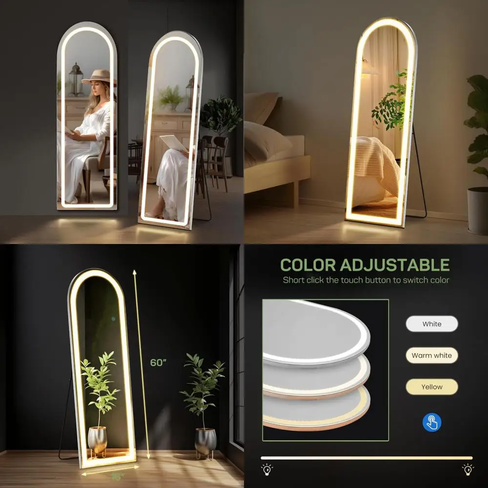 مرآة أرضية مقوسة مضيئة بإضاءة LED، مرآة حائط مائلة طويلة 16 × 60 بوصة مع حامل، مرآة جسم كاملة الطول
