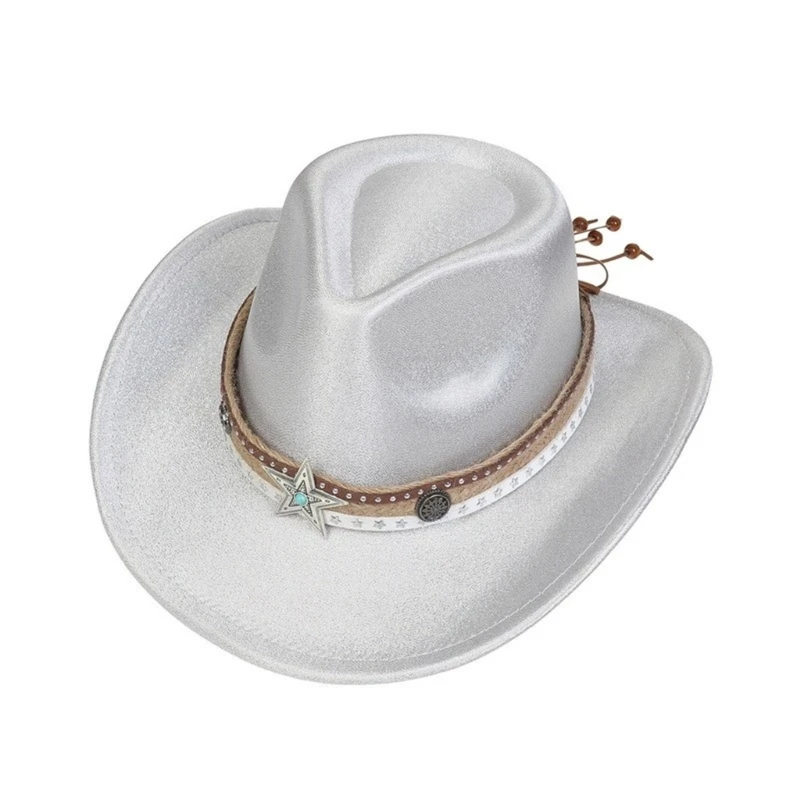 Roleplay Cowboy Hat for Adult WideBrim Fedoras Hat with Star Belts RolePlay Cowboy Hat CarnivalParty Costume Accessories