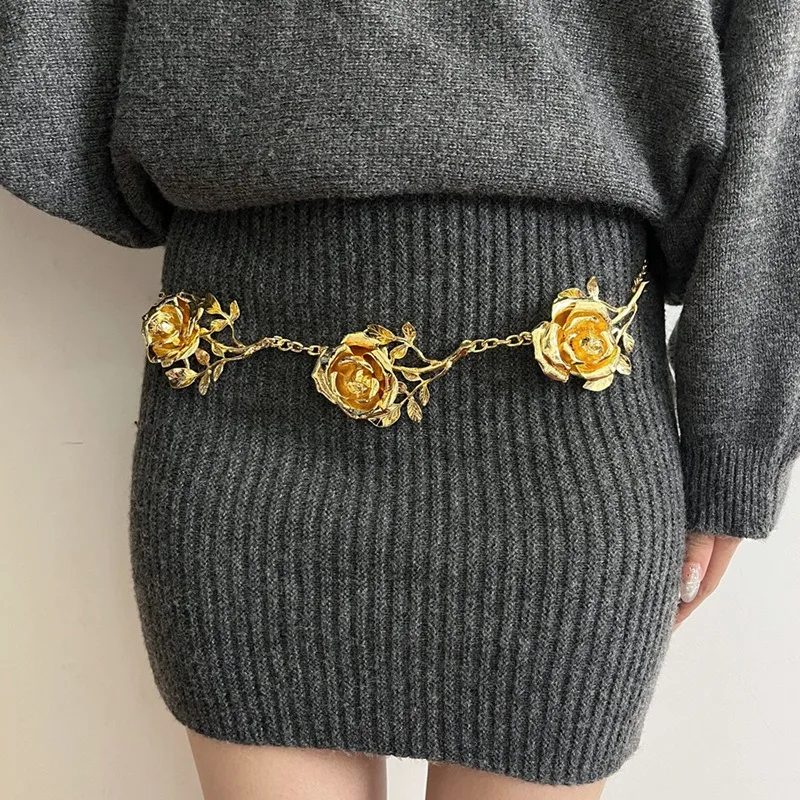 Fashion Retro Metal Golden Rose Waist Chain Women's Dress Pants High-end Metal Chain Thin Belt Accessories