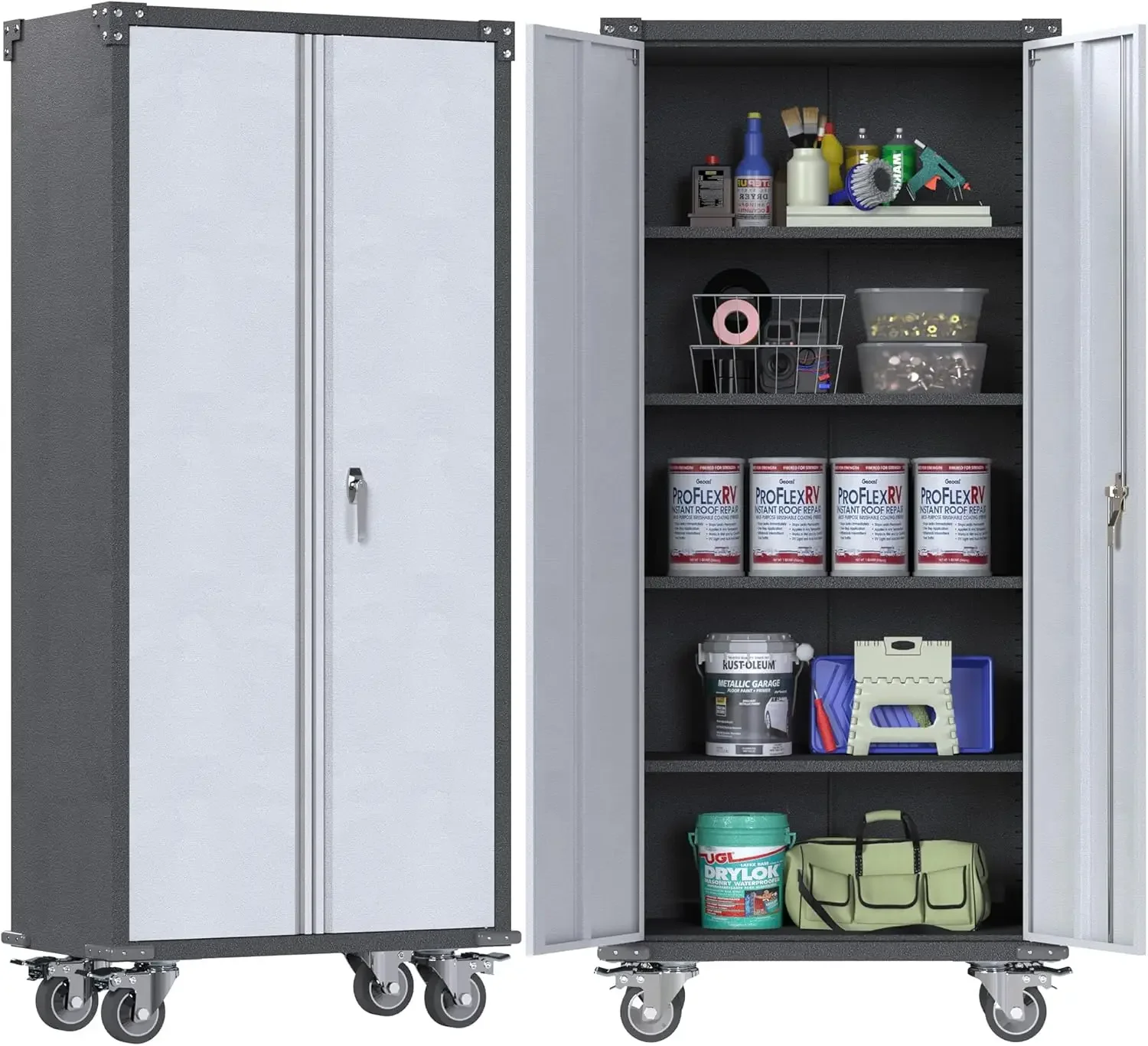 Storage Cabinet with Wheels,Metal Storage Cabinet with 2 Doors and 4 Adjustable Shelves, Lockable Rolling Cabinet,Home Of