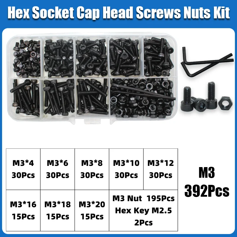 M2 M2,5 M3 M4 M5 M6 Innensechskant-Set Inbusschraube DIN912 Schwarz 12,9 Kohlenstoffstahl Schrauben Muttern Bolzen Unterlegscheibe Sortiment – Detail 14