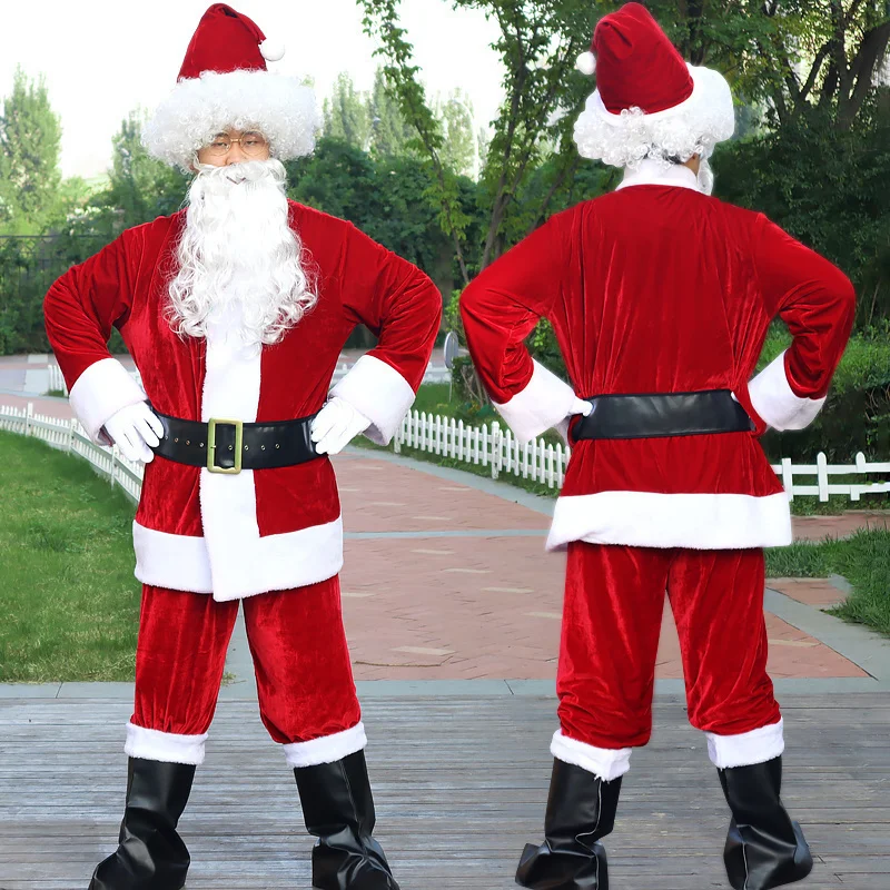 Christmas Santa Claus Costume Beard Lots Men Cosplay Santa Claus Clothes Fancy Dress In Christmas Men Costume Suit For Adults