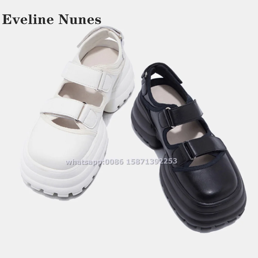 Hook and Loop Shallow Black Sandals Round Toe Tank Soled Hollow Out Casual Pantshoes Solid Sport Concise Shoes 2024 Summer Beach