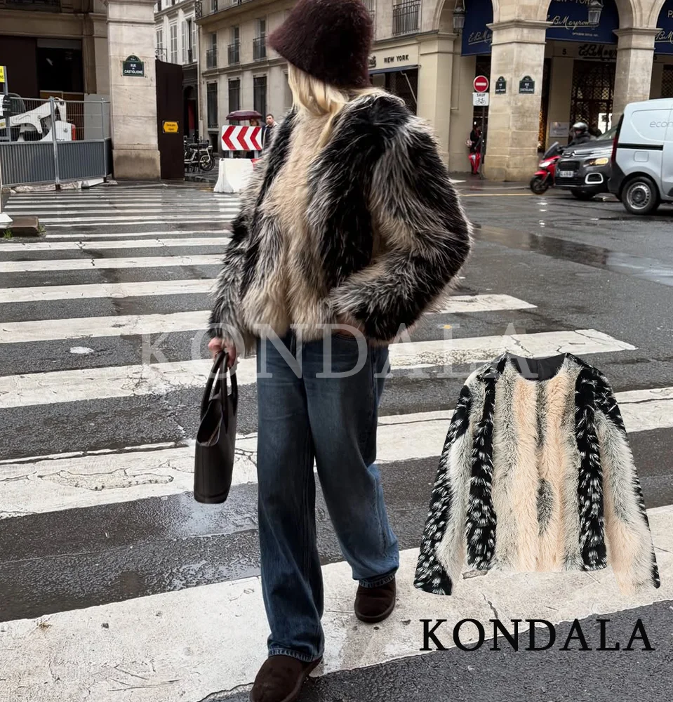 KONDALA Winter Streetwear Fur Coat Women Trendy Stripe O-Neck Faux Fur Jacket Coat 2026 Fashion Elegant Chic Vintage Female Coat