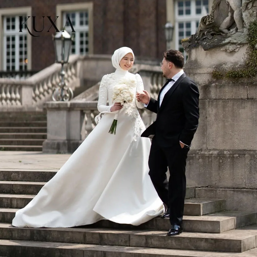 KUXA Customized Muslim Flower Decoration A-Line Wedding Dresses Full Sleeves Floor-Length with Hijab Elegant Bridal Gowns 2026