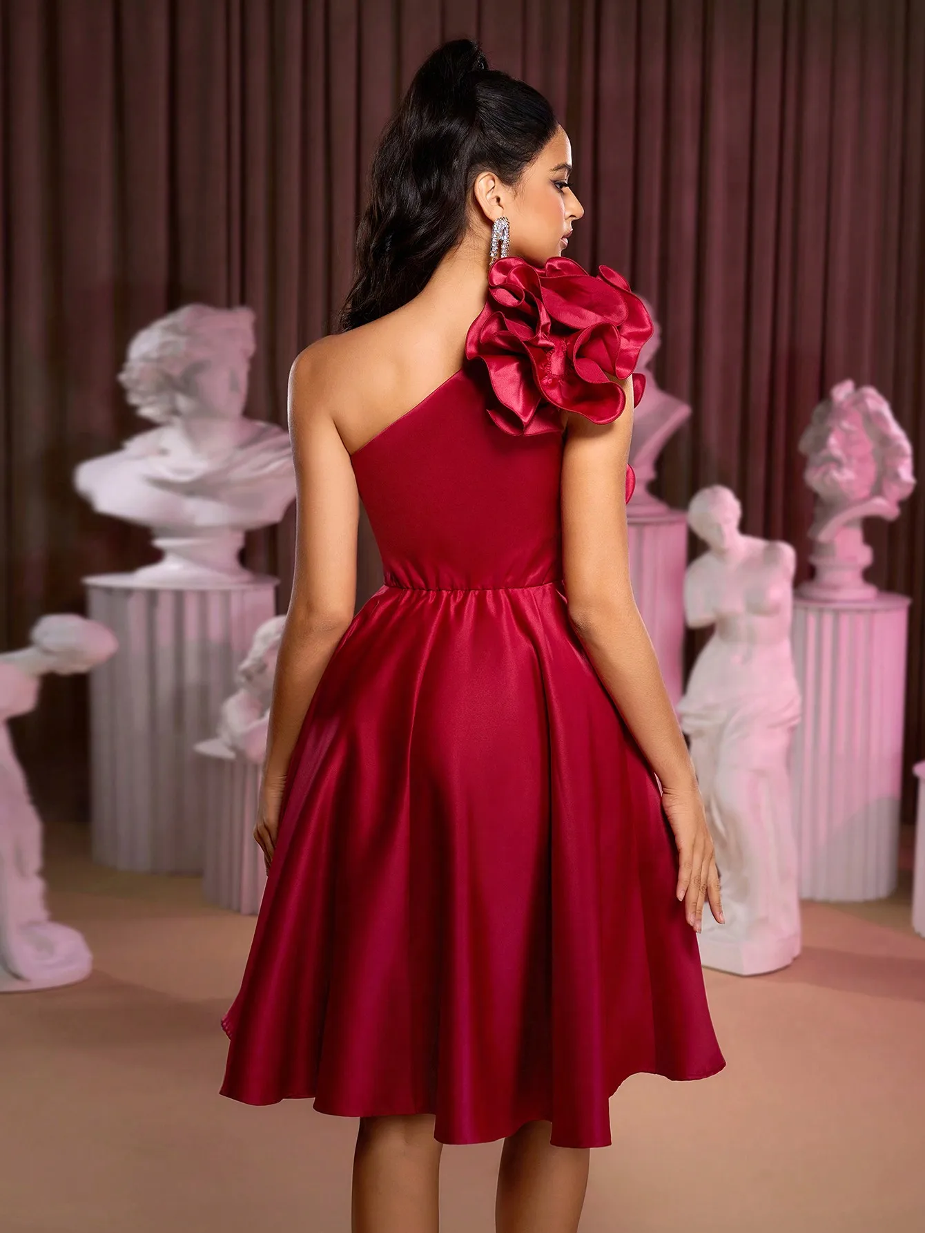Women's Satin One Shoulder A-Line Midi Dress with 3D Floral Detail, Perfect for Formal Events, Prom, Wedding Guest