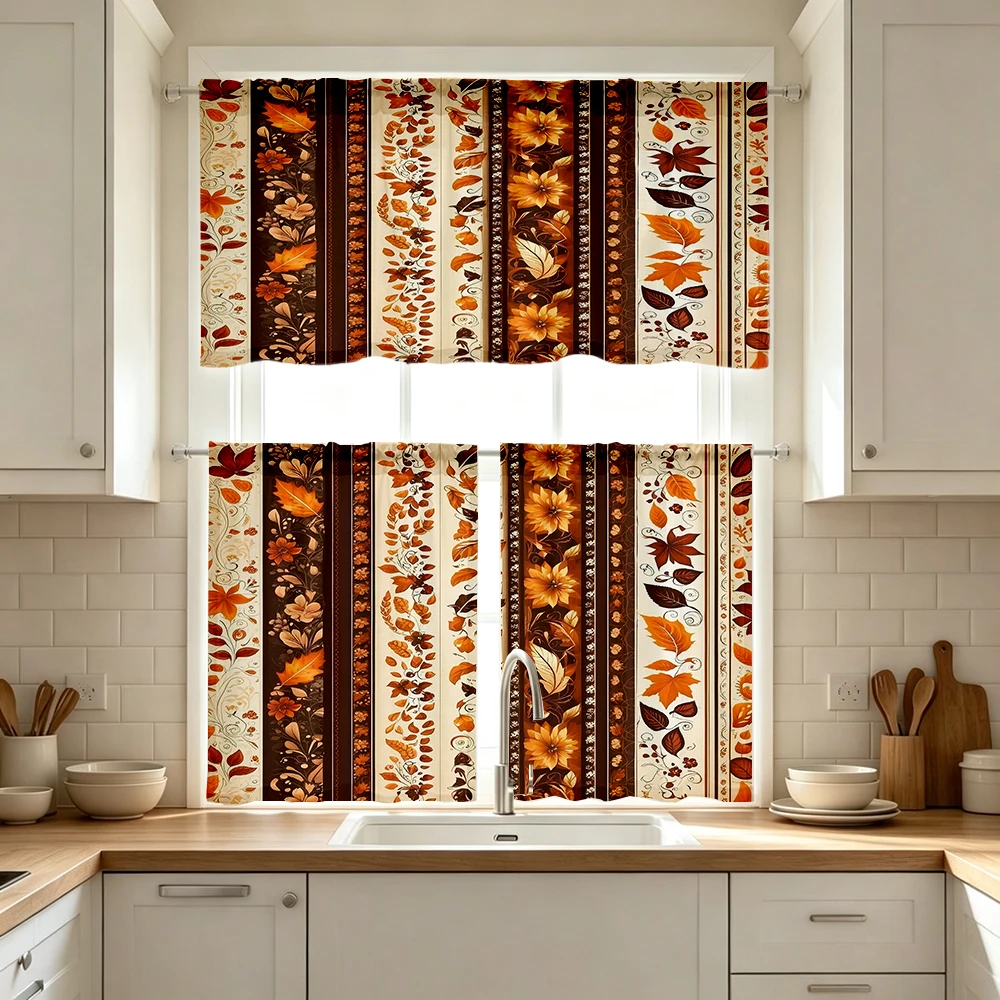 Thanksgiving Fall Kitchen Curtains, Brown Stripe Floral, Digital Print, Kitchen Dining Room, Rod Pocket Polyester, Home Decor