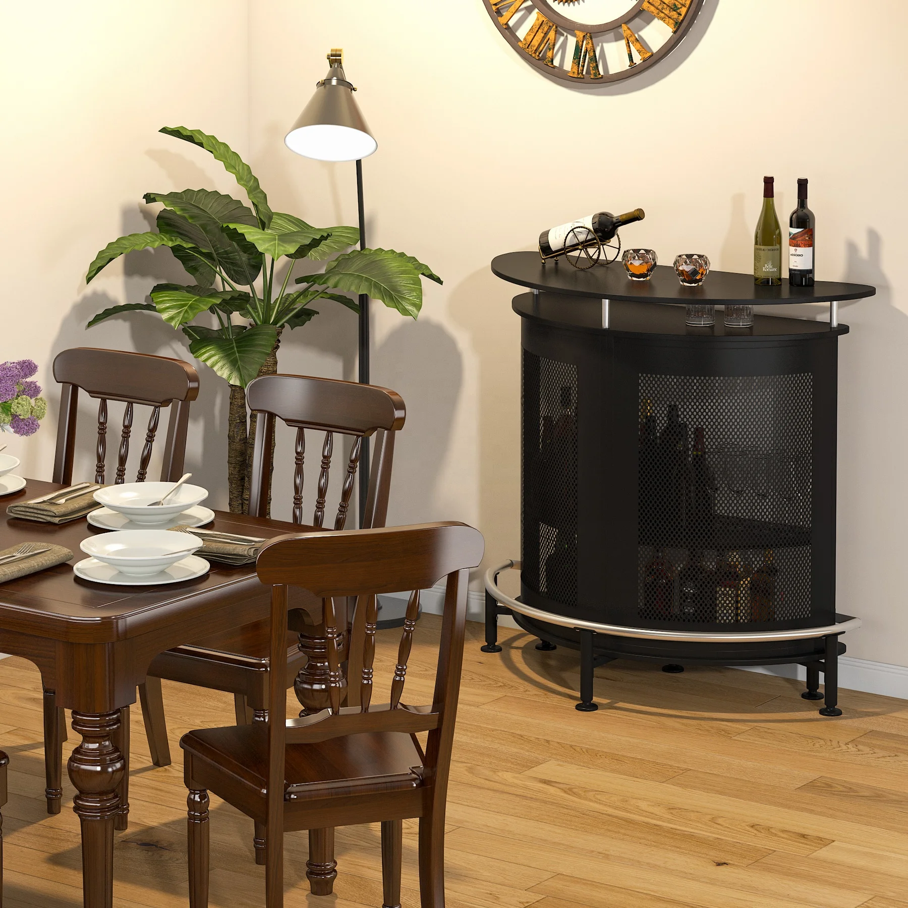 

Tribesigns 4-story modern design mini bar cabinet with footstool crescent counter metal bar table for family bars