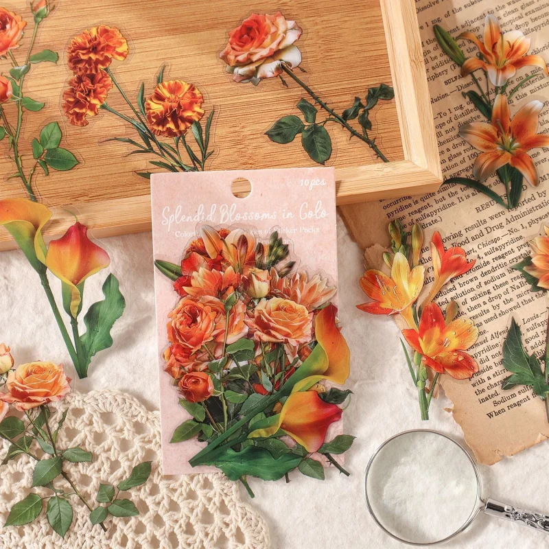 1pack/10pcs Art Plant Stickers Exquisite Print for Album Layout Crafts