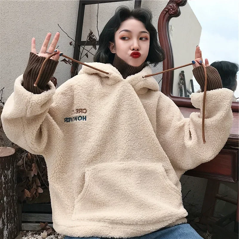 

2024 Women Sweatshirt Spring Artificial Wool Hoodies Coats Warm Pullover Ladies Casual Winter Parka Outerwear Lamb Cashmere Tops