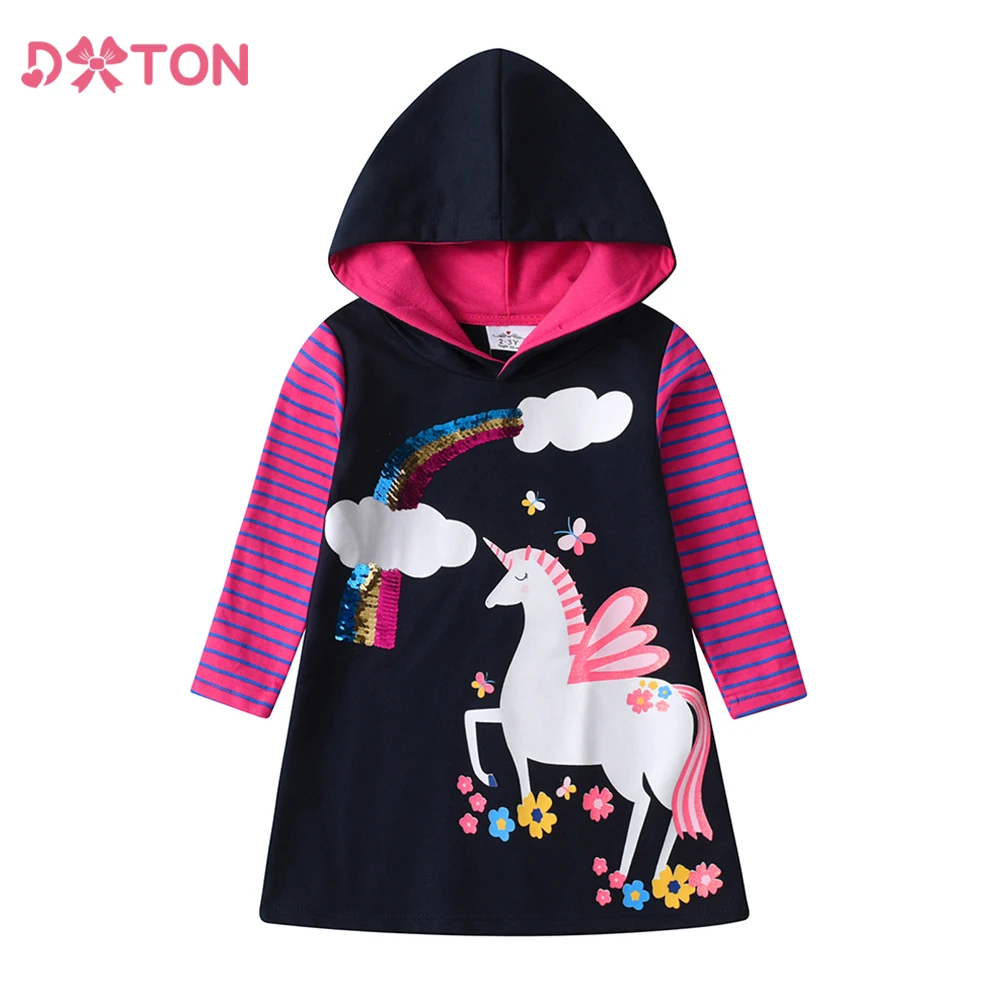 DXTON Winter Cotton Kids Hoodies Dress Striped Children Clothes Sequin Rainbow Baby Girls Hooded Dress Cartoon Girls Casual Wear