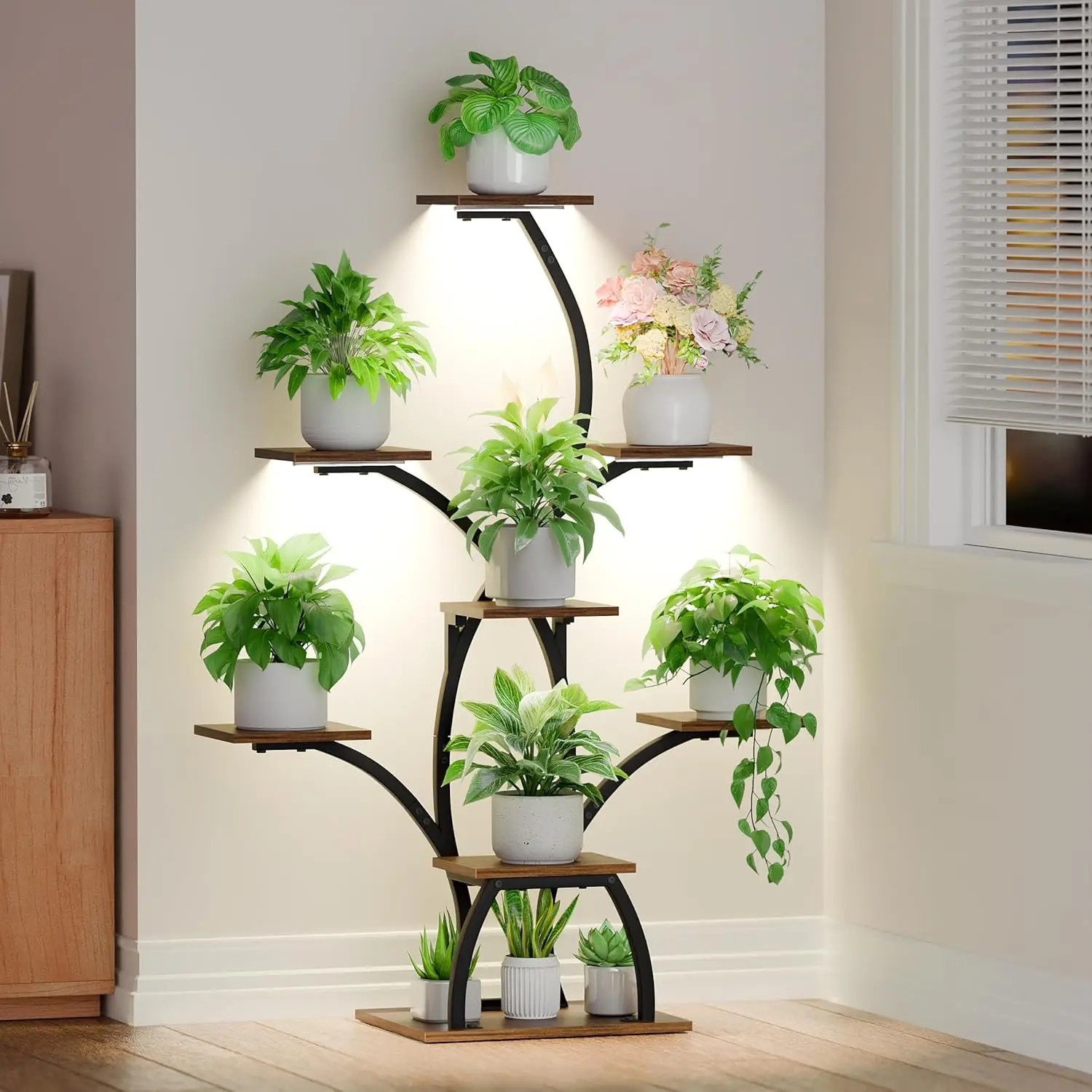 

6-Tier Plant Stand with Grow Lights, Corner Shelf for Indoor Plants, Tree-Shaped Display Rack for Living Room