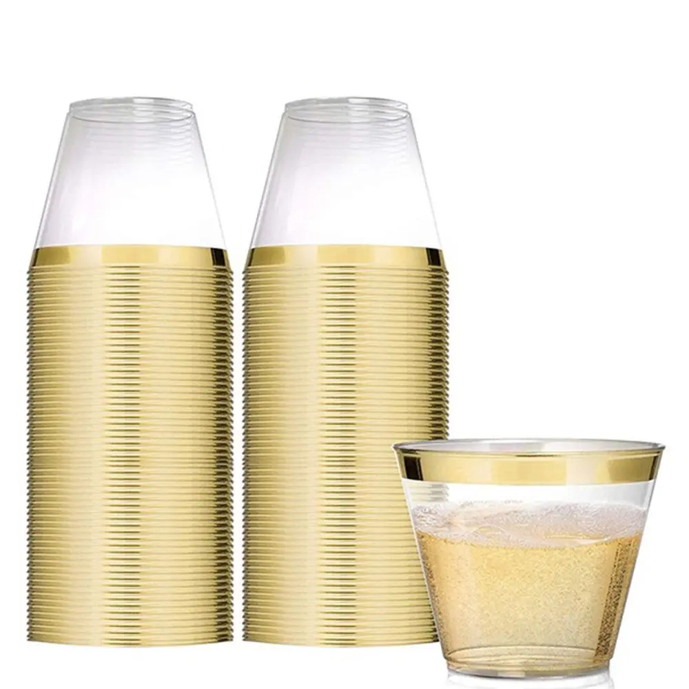 Disposable Plastic Cups Rose Gold Rimmed Transparent Cups Tableware for Wedding Birthday Party Cups