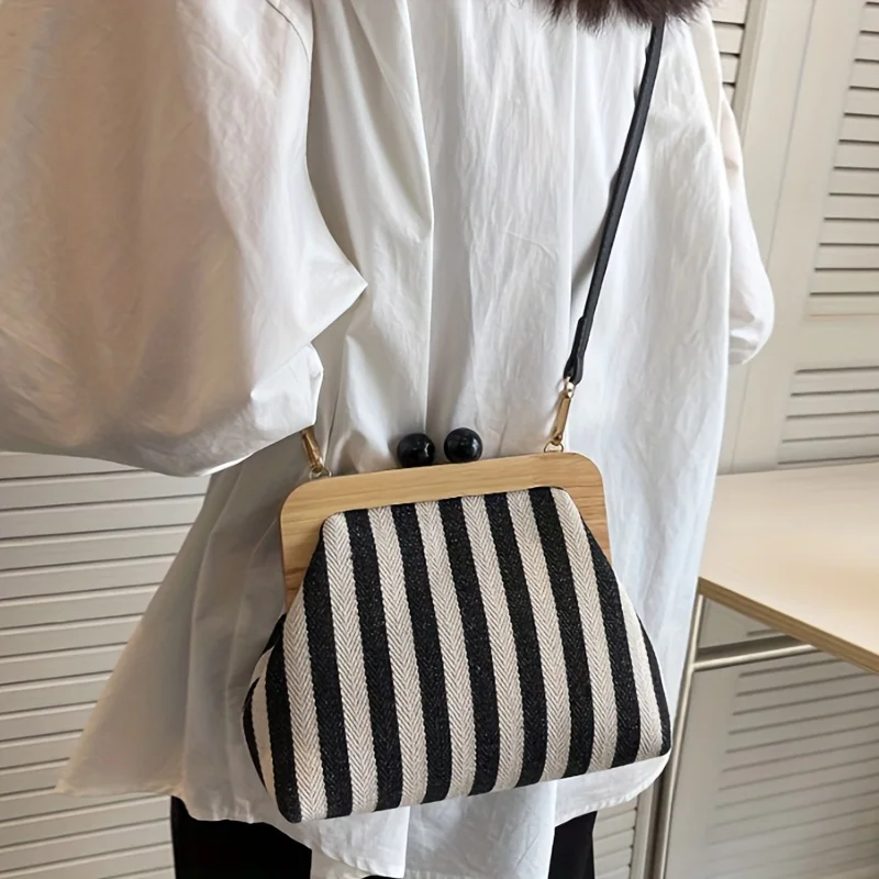 Women's Elegant Black White Striped Crossbody Bag Adjustable Shoulder Strap Versatile Fabric Purse for Work, Fashion Accessory